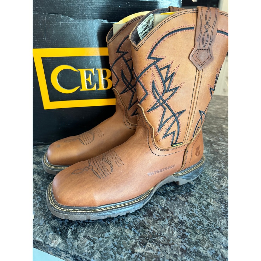 Cebu Mens Waterproof Steel Toe Western Work Boots‎ Tan Leather shoes-STL 10.5